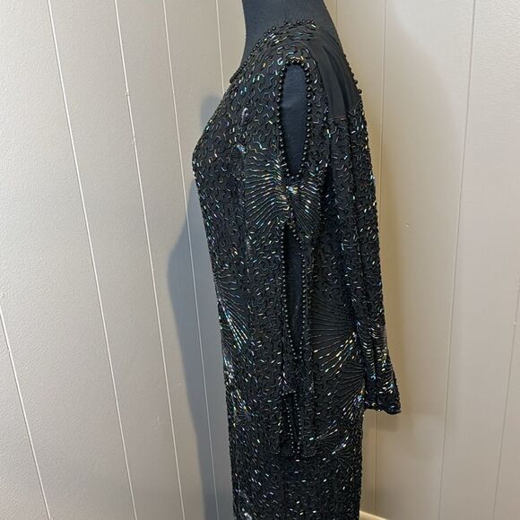 Stunning vintage beaded sequin black plung draped back neckline panel hem midi - Picture 10 of 13